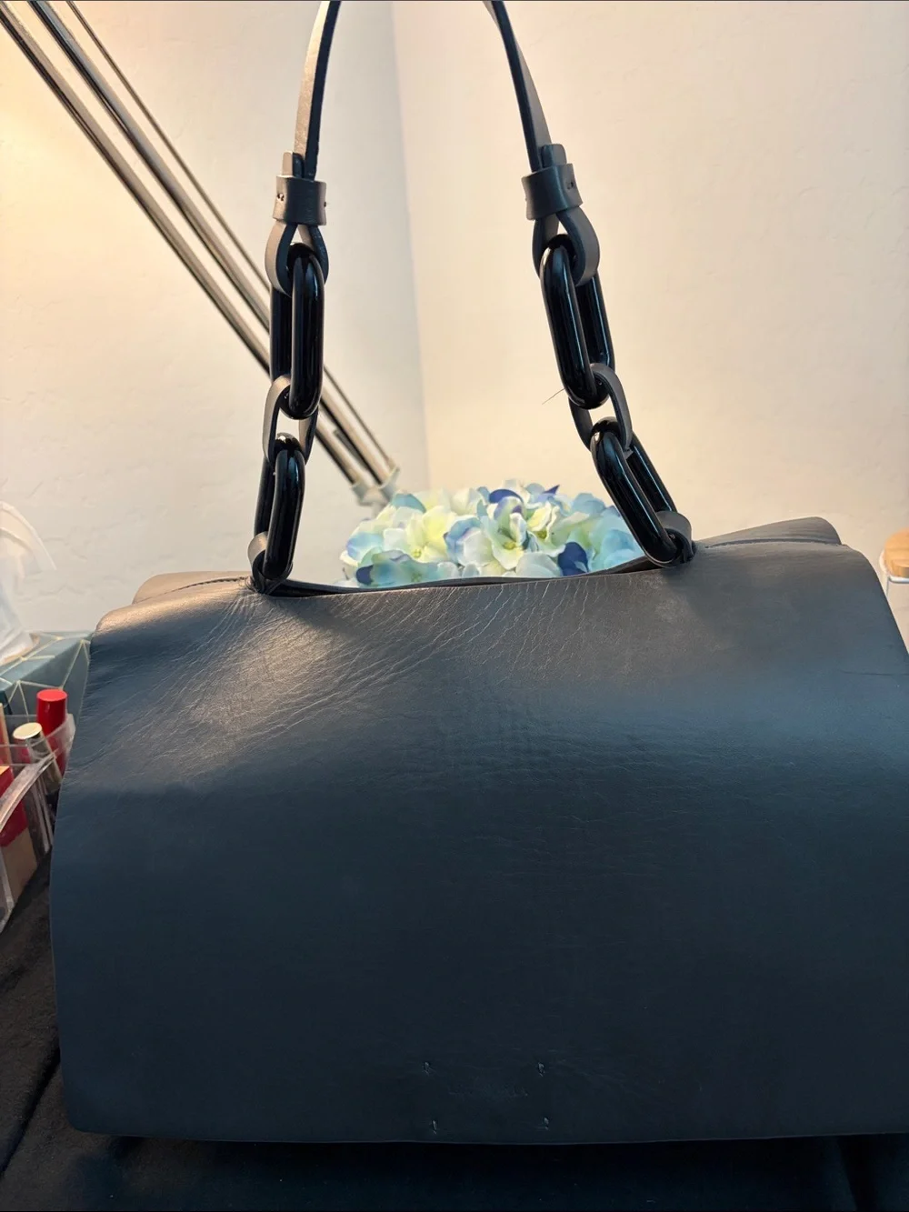 Structured Black Leather Satchel bag with Chunky Chain Strap